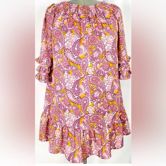 XL Pink Peach Paisley DRESS Wide Stretch Neck Ruffle Trumpet Sleeve RUFFLE HEM - Picture 13 of 14